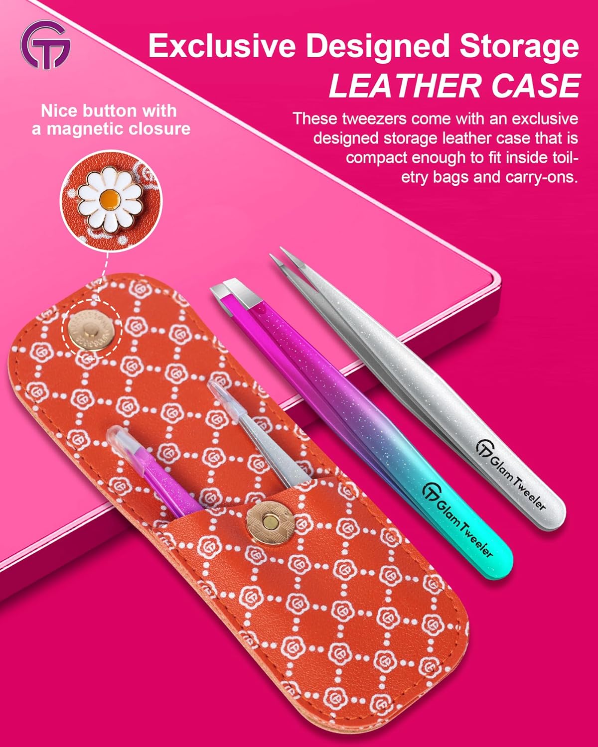 Expert Slant and Point Tip Tweezer Set with Exclusive Travel Case, GlamTweeler Sharp & Precision Tweezer Set for Eyebrows, Facial Hairs & Fine Hairs Removal (Sparkle Purple & Turquoise + Silver)