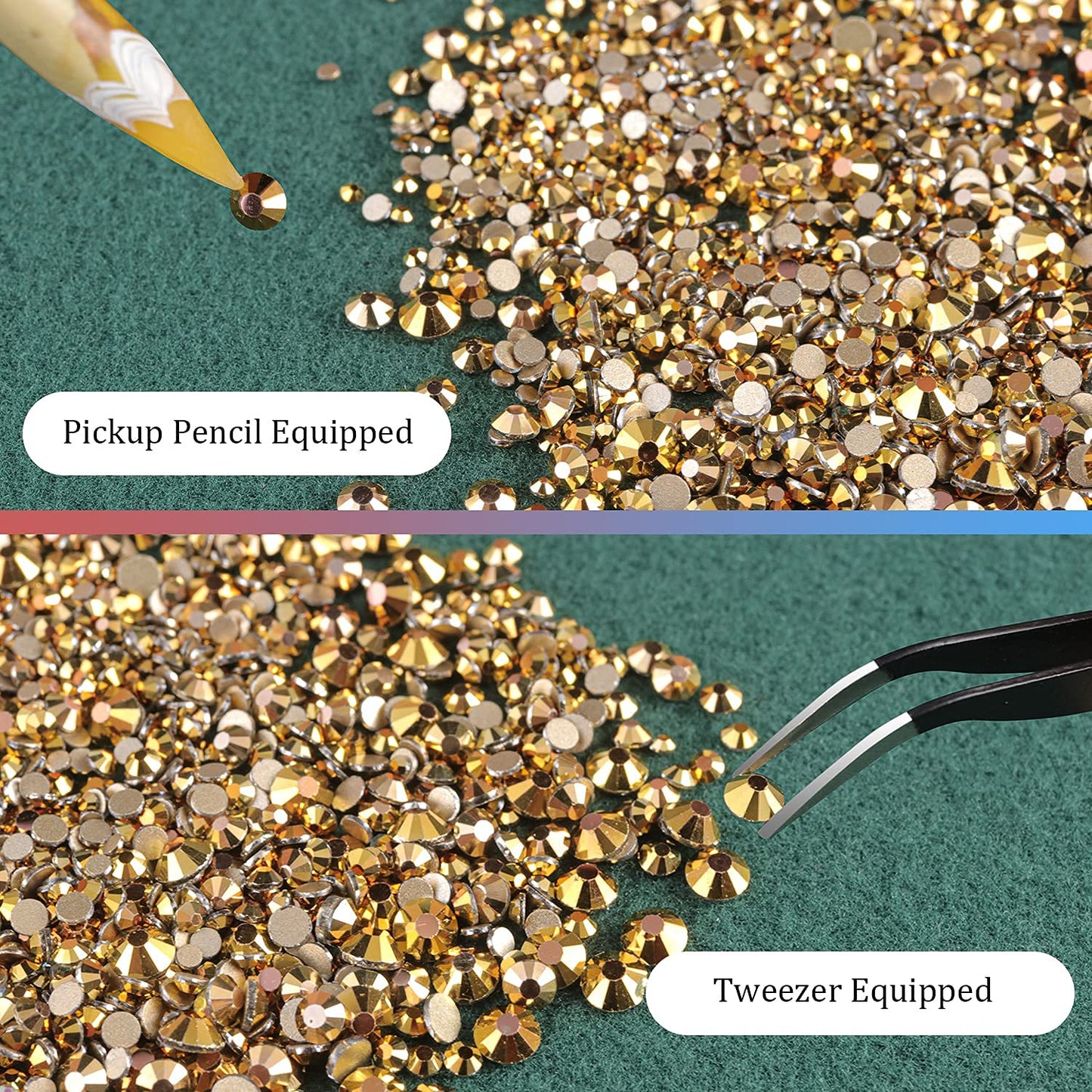 6 Sizes Gold Glass Crystal Kit with Pickup Pen + Tweezer Tools for Shine Nail Art Manicure Makeup DIY Decoration Flatback Round Rhinestone Gem Jewelry Diamond