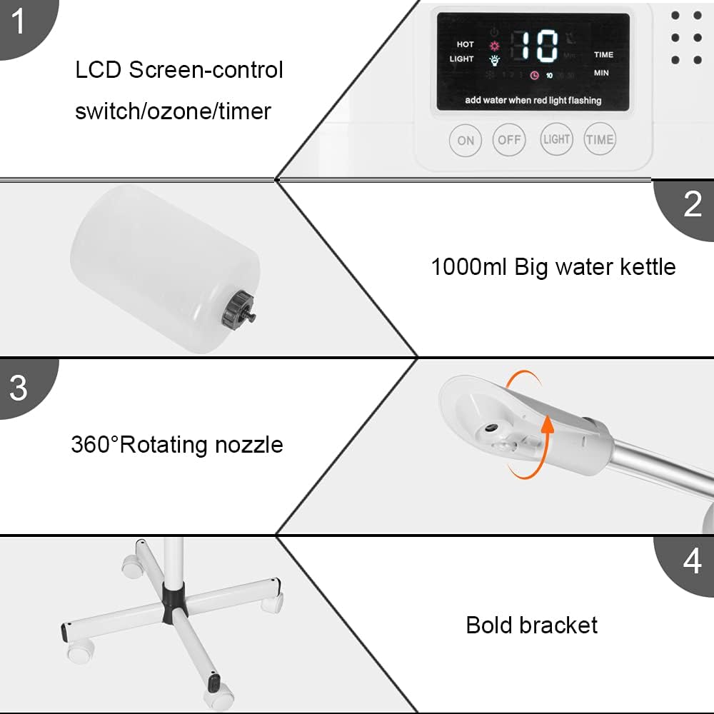 Upgrade Professional LCD Facial Steamer with Hot Mist, Esthetician Steamer for Salon Spa & Home, Stand Facial Steamer On Wheels, 33.8oz Large Upper Inlet Cup & 50s Fast Heating