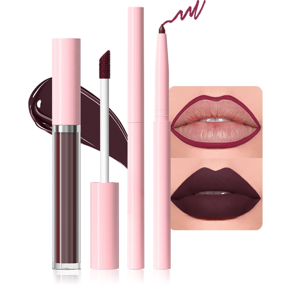 evpct Retractable 1Pcs Lip Liner Pencils and 1 Pcs Lip Gloss Makeup Set for Shaping & Sculpting Lips, Plum Long-Lasting Waterproof Longwear Matte Rich Lip Colors Liner Crayon Liquid Lipstick 11#