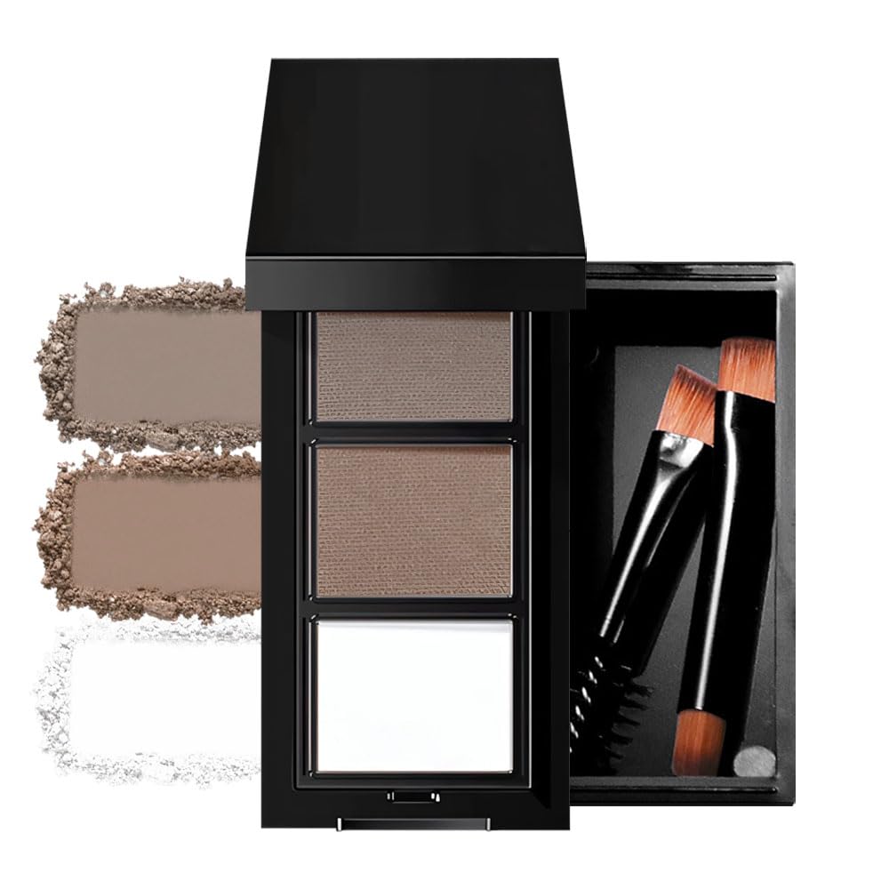 Brown Eye Brow Powder for Women, Light Medium Matte Gray White Eyebrow Powder Kit with Brush, Long-Lasting 3 Colors Brow Palette, Filler for Full, Defined Natural Brows Shaping