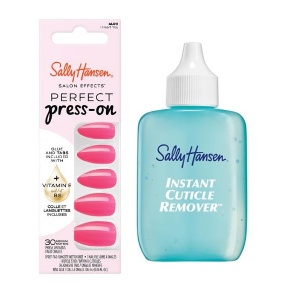 Sally Hansen Instant Cuticle Remover & I Heart You Press On Nails Kit - 15 Second Gel Formula with Aloe