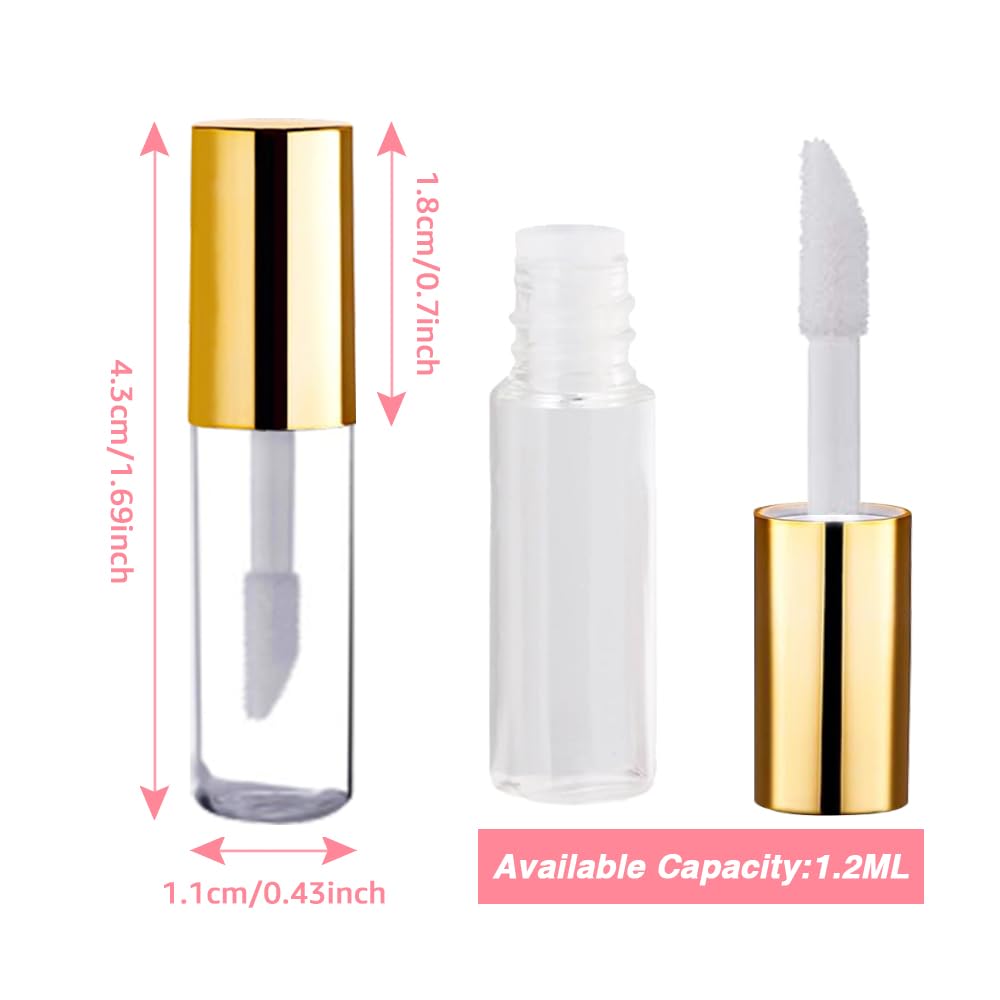 AMORIX 50PCS Mini 1.2ml Lip Gloss Tubes with Wand Empty Lip Gloss Containers Refillable Travel Lip Balm Tubes for Samples with 5ml Syringes DIY Lip Gloss Base + Labels (Gold)