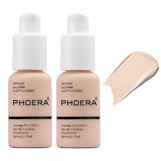 2 Pack PHOERA Foundation 101 Porcelain Makeup,Full Coverage Foundation for Women and Girls(101 Porcelain)