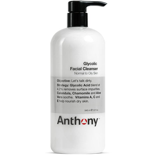 Anthony Glycolic Facial Cleanser for Men, Daily Exfoliating & Hydrating Face Wash, Shave Prep, Non-Foaming, Deep Cleansing, Gentle on Sensitive Skin, Removes Dirt & Oil, Smooths Texture, 32 Fl Oz
