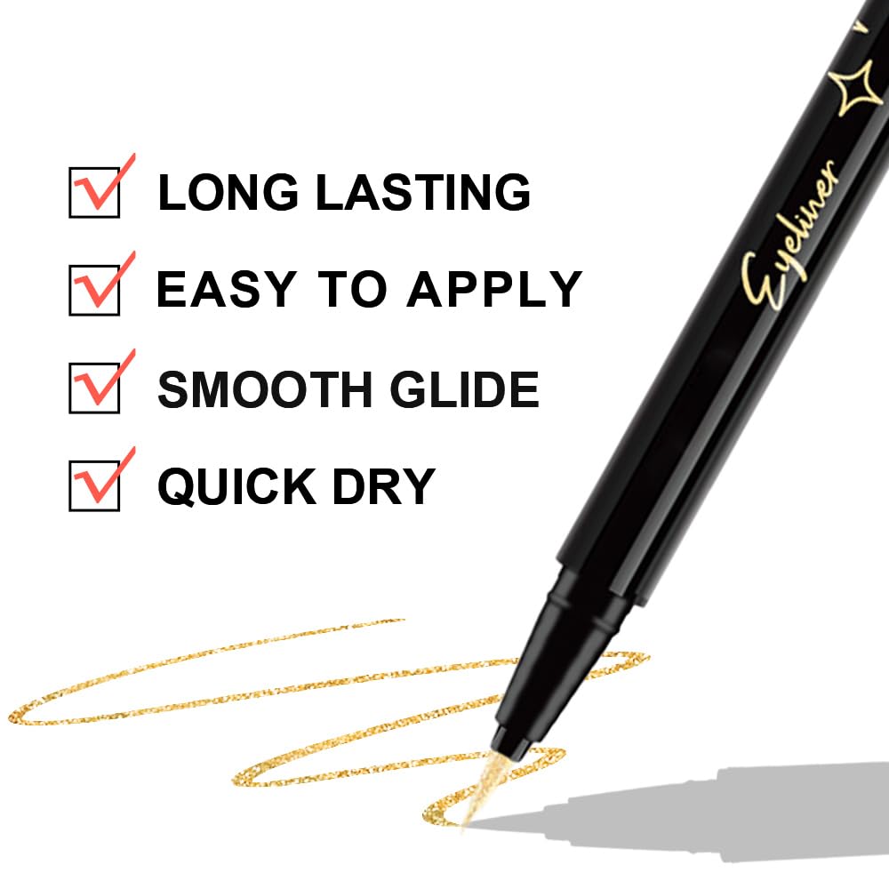 Golden Metallic Glitter Liquid Eyeliner Pen – Long-Lasting Sparkly Waterproof Eyeliner for Women & Men – Tattoo-Effect Eye Makeup for Parties – Delineador Líquido con Brillo 02