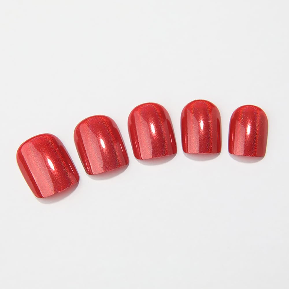 Red Press on Nails Short Square, Chrome Press on Nails, Fashion Gel Fake Nails, Reusable Acrylic Fake Nails, Glossy Stick on Nails, Thick Reusable Glue On Nails for Women, 24Pcs