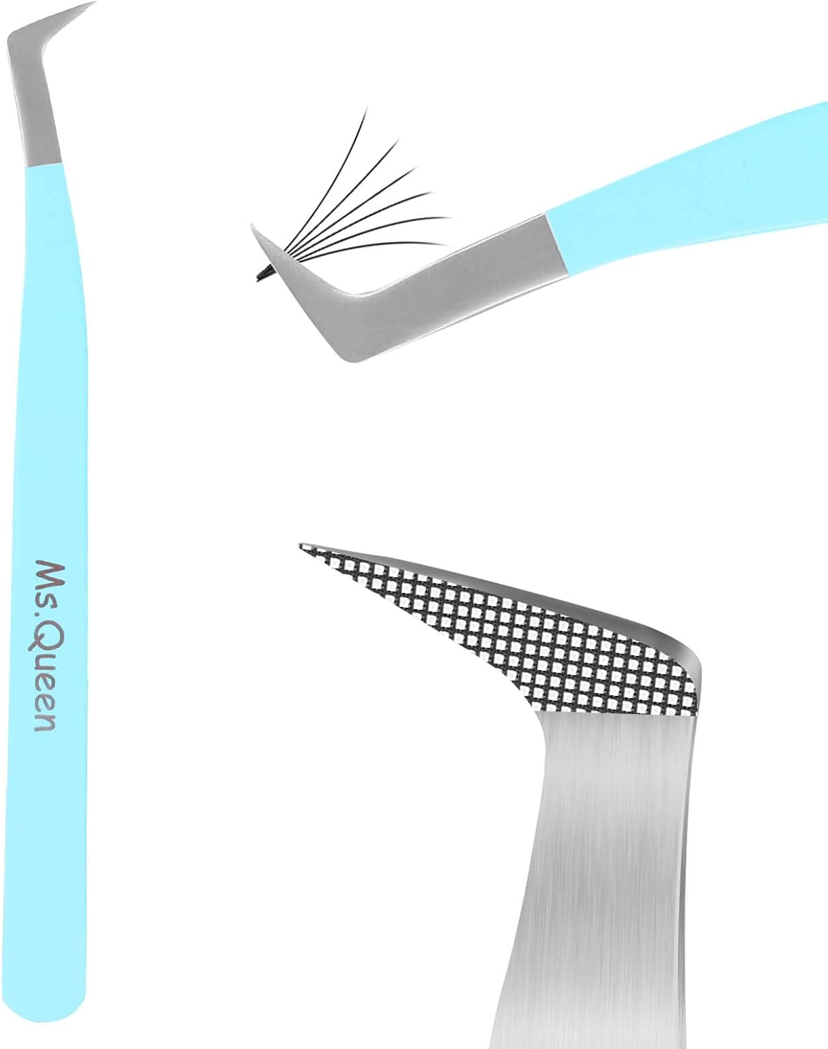 Ms.Queen Volume Lash Tweezers, Fiber Grip L-Angled Tips Boot Tweezers for Mega Volume Eyelash Extensions, Blue
