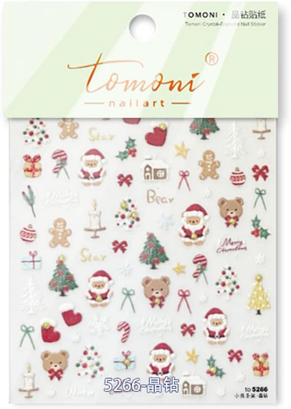 Christmas Nail Art Stickers 5D Embossed Xmas Cute Bear Nail Stickers Christmas Sock Xmas Gift Xmas Tree Bowknot Gingerbread Man Nail Decals for Women Winter Holiday Manicure DIY Nail Supplies 1 Sheet