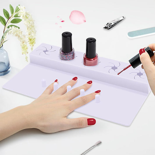Nail Polish Holder, Silicone Hand Rest Mat Fingernail Painting Tools 2 in 1 Art Accessories Organizer Case Set with Anti-Spill Bottle Stand and Finger Separators for Pedicure Manicure-Purple