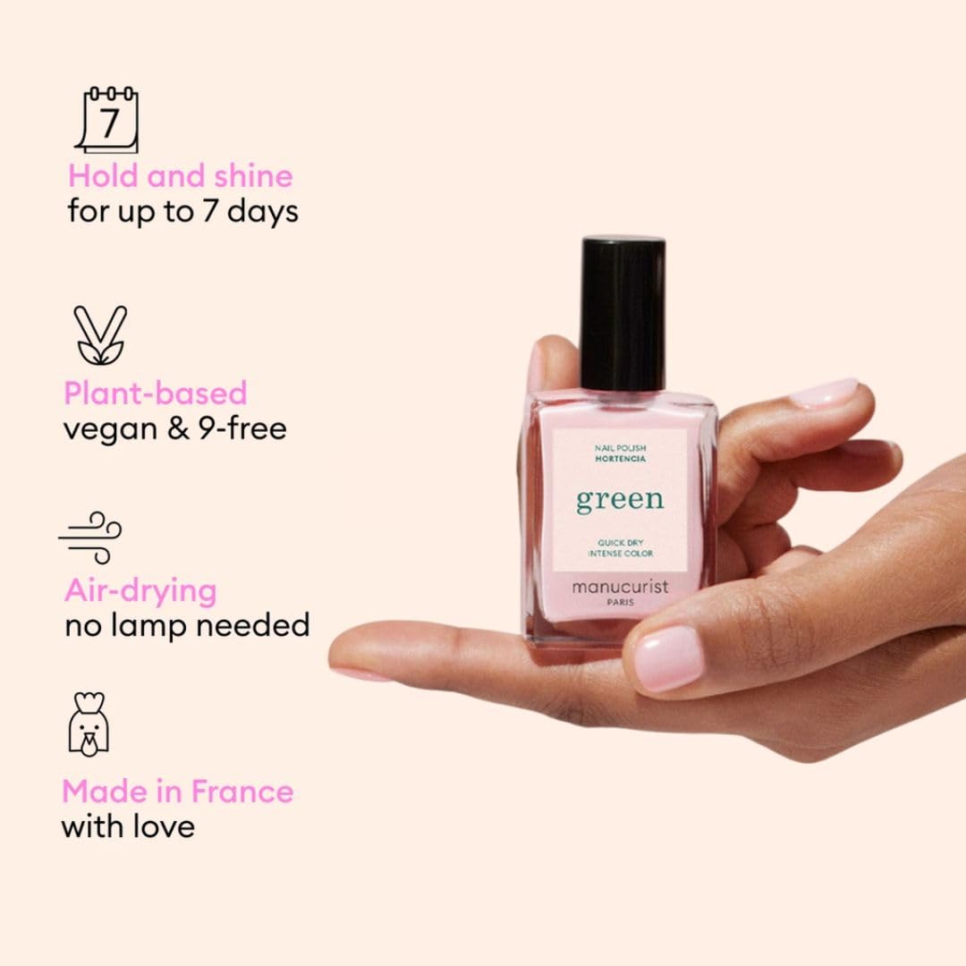 Manucurist System Green Pink (Hortencia) - Professional Manicure Set, Vegan & Plant-Based : 1 Nail Prep, 1 Base Coat, 1 Pink Nail Polish, 1 Top Coat, Drying Drops - No Lamp - Beauty Gift For Woman