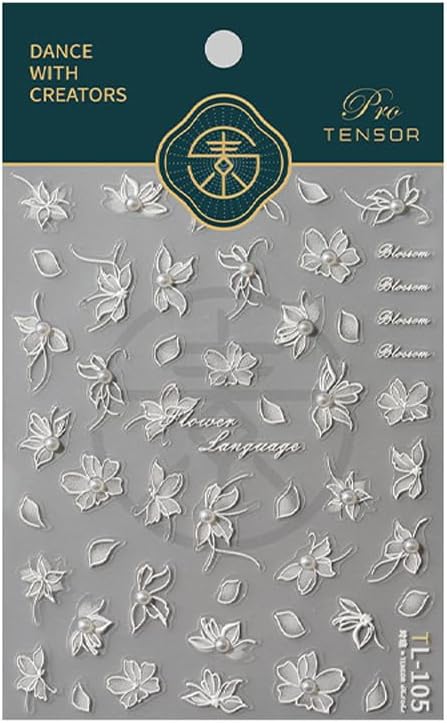 Flower Nails Stickers White Nail Decals with Pearl Design Glue on Nails Sticker Floral Nails Art Stickers 5D Embossed Self Adhesive for Women Girls Kid Manicure Charms Decoration