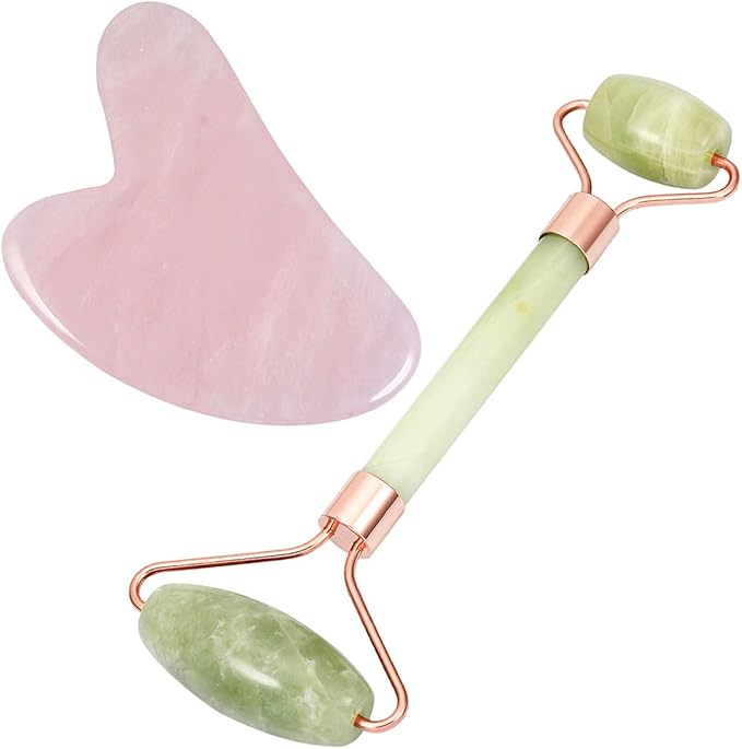 mookaitedecor Xiuyan Jade Roller & Rose Quartz Gua Sha Scraping Massage Tool Set, Face Massager for Wrinkles, Anti Aging