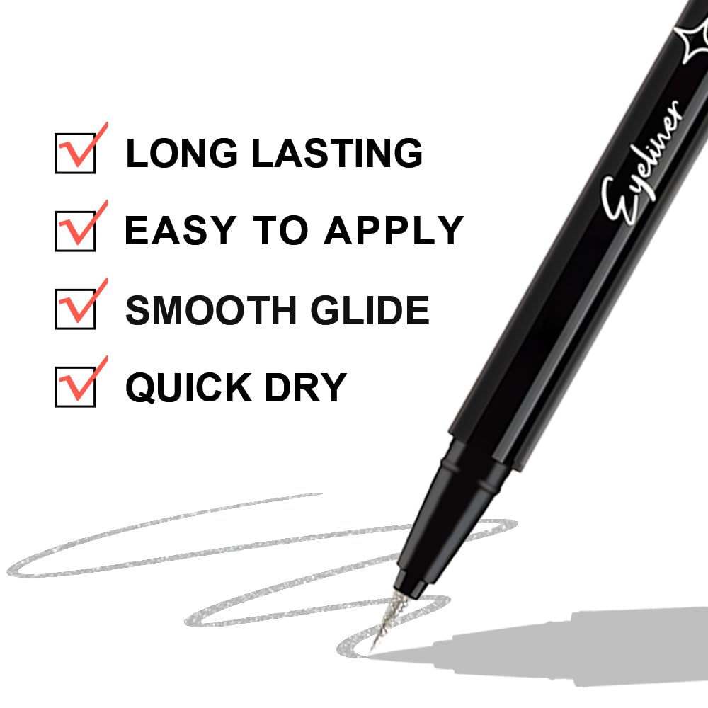 Silver White Metallic Glitter Liquid Eyeliner Pen – Long-Lasting Sparkly Waterproof Eyeliner for Women & Men – Tattoo-Effect Eye Makeup for Parties – Delineador Líquido con Brillo 01