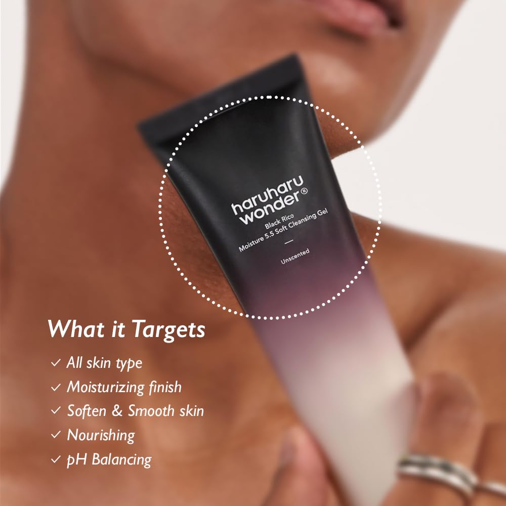haruharu wonder Black Rice Moisture 5.5 Soft Cleansing Gel, 3.4 fl.oz, Gentle Face Wash for Dry to Normal Skin, Low 5.5pH, Soap Free, Hydrating, Fragrance Free, Daily Use, Korean Skincare