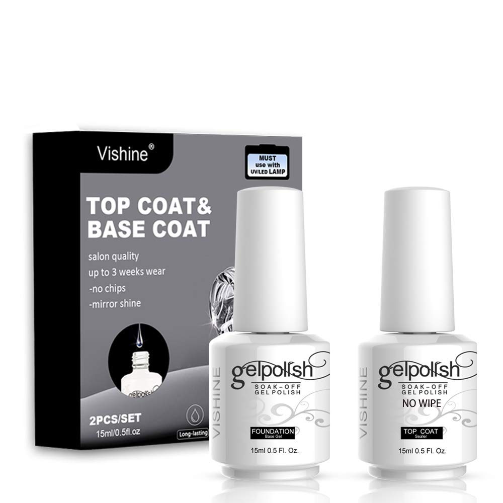 Vishine Long Lasting Soak Off Nail Polish Base + Top Coat Set Gel 15ml