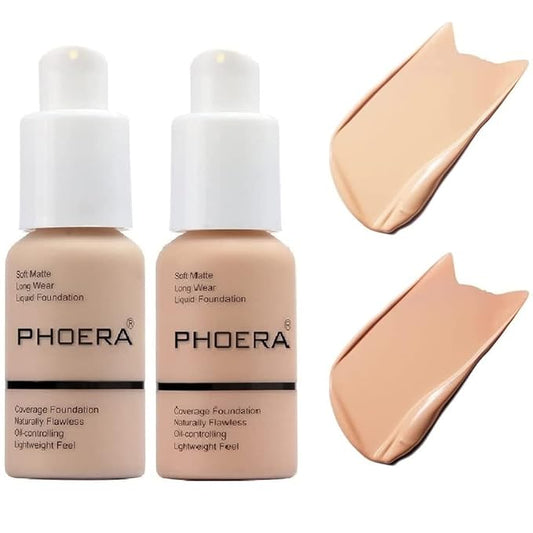 2 Pack PHOERA Foundation 102# Nude and 103# Warm Peach, Flawless Soft Matte Liquid Foundation,24 HR Full Coverage Mattle Oil-Control Foundation Makeup.