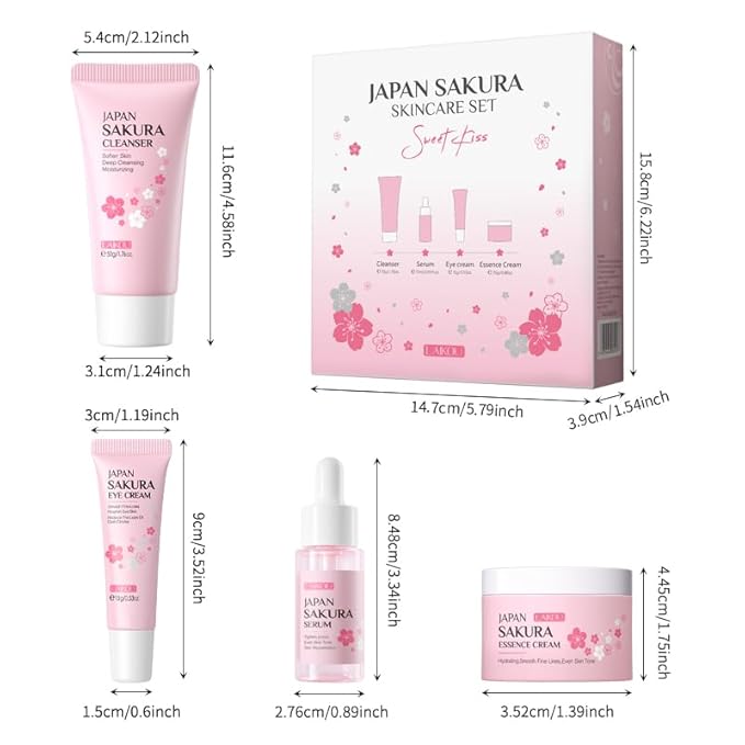 Skin Care Set JAPAN SAKURA Beauty Gift Sets Skin Care Kit with Cleanser, Serum, Eye Cream, Face Cream Travel Kit for Women Mom Wife Teen Girls Gentle Skin Cleaning TSA-friendly Sizes 4pcs