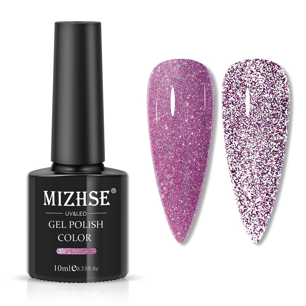 MIZHSE Reflective Purple Gel Nail Polish, Glitter Gel Polish Sparkly Shiny Effect, Soak Off Nail Art Varnish Manicure DIY at Home