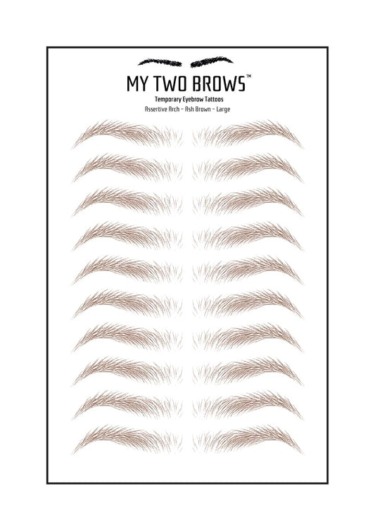 (10 pairs) Ash Brown Temporary Eyebrow Tattoo - Large Size - Waterproof & Smudgeproof - Assertive Arch Style Eyebrow Stickers - Sheet Lasts up to 30 Days - Won't Work on Existing Brows