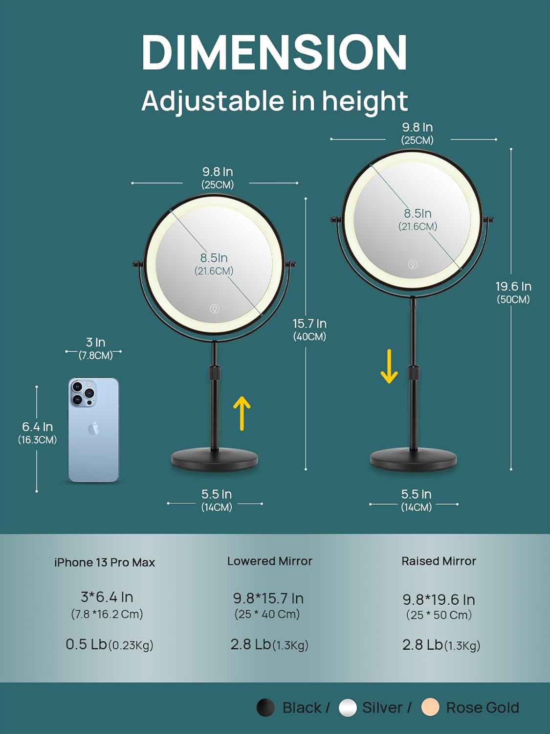 OMIRO 1X/10X Makeup Mirror with Lights,8.5 Inches Double Sided Vanity Mirror with Height-Adjustable Stand,Magnifying Mirror with 3 Color Light (Black)