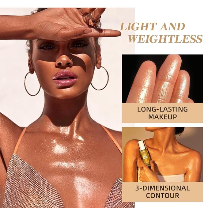 40ml Body Shimmer Oil,Face and Body Liquid Luminizer,Smooth Body Shimmer Oil For Sunshine Bath, Waterproof Moisturizing Light Shimmer Glow Illuminator,Liquid Highlighter Makeup,Makeup Brush Include (5#-Gold)
