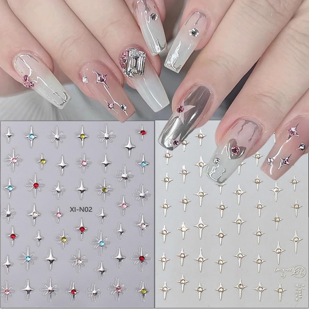 Shiny Star Nail Stickers for Nail Art,Glitter Star Nail Rhinestones Design Nail Decals Holographic Gold Silvery Stars Nail Supplies 3D Self-Adhesive Star Sticker Charms for Nail Decoration