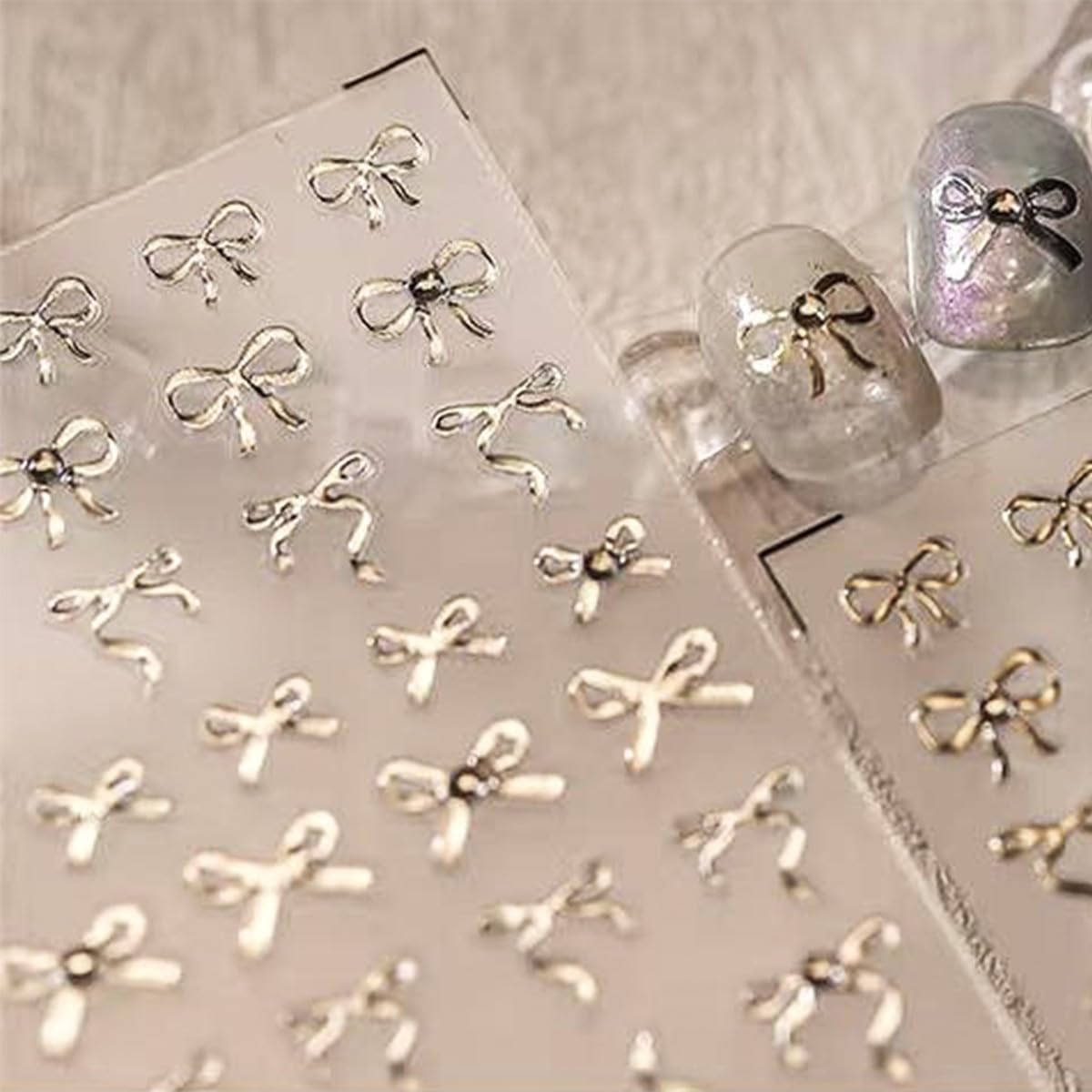 5D Embossed Nail Stickers for Nail Art Bow Nail Art Stickers Silver Nail Decals Self Adhesive Nail Decals Rhinestone Nail Art Design Manicure Supplies Charm for Women Christmas Nail Art Decorations