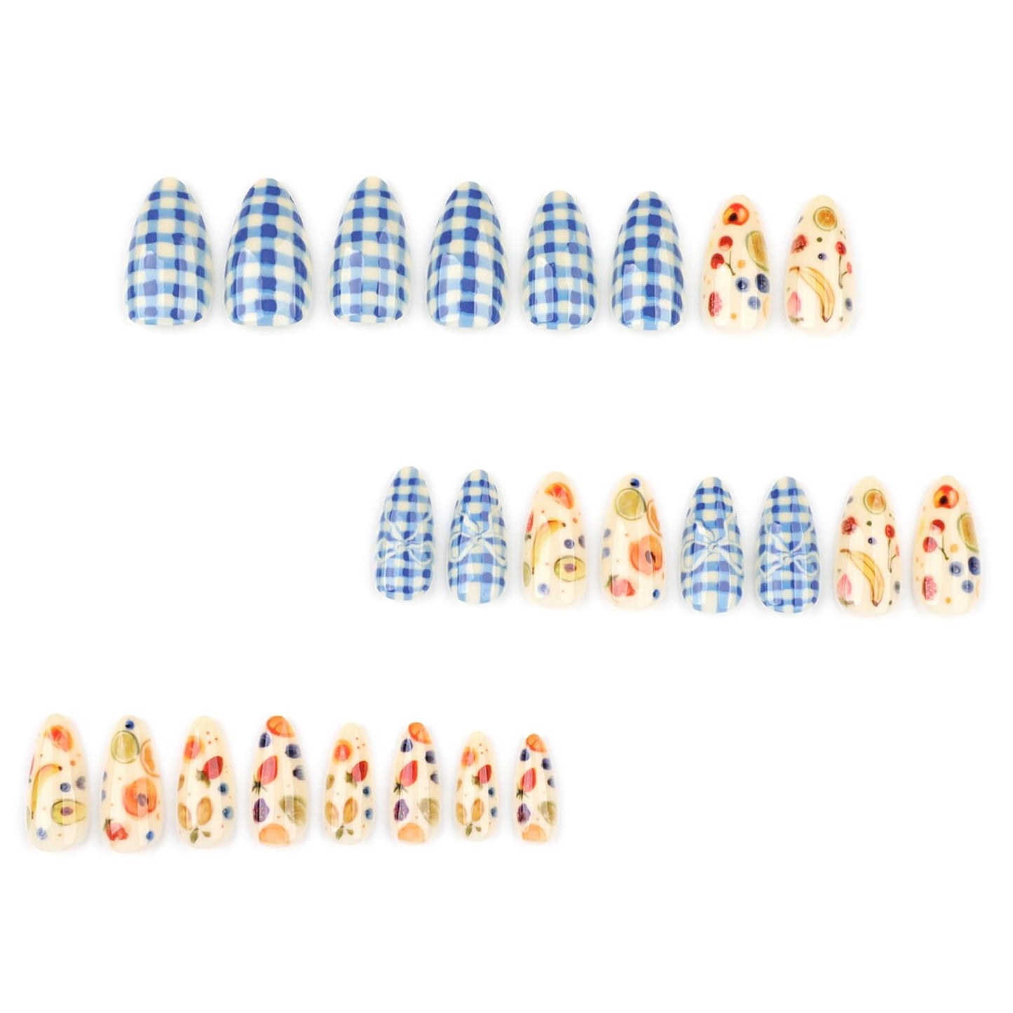 Summer Fall Picnic Press On Nails Short – Almond Cute Fake Nails with Fruit and Blue Gingham Design, Colorful Summer Nails Press Ons, Glossy Glue On Nails Kit for Women, Fruit Part, 24Pcs