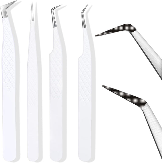 Fiber Tip Lash Tweezers For Eyelash Extension 4 Pcs Tweezers Professional Artist Tech Work Kit Tools,Best Volume Eyelash Extensions Precision 90 45 Degree(White Silver)