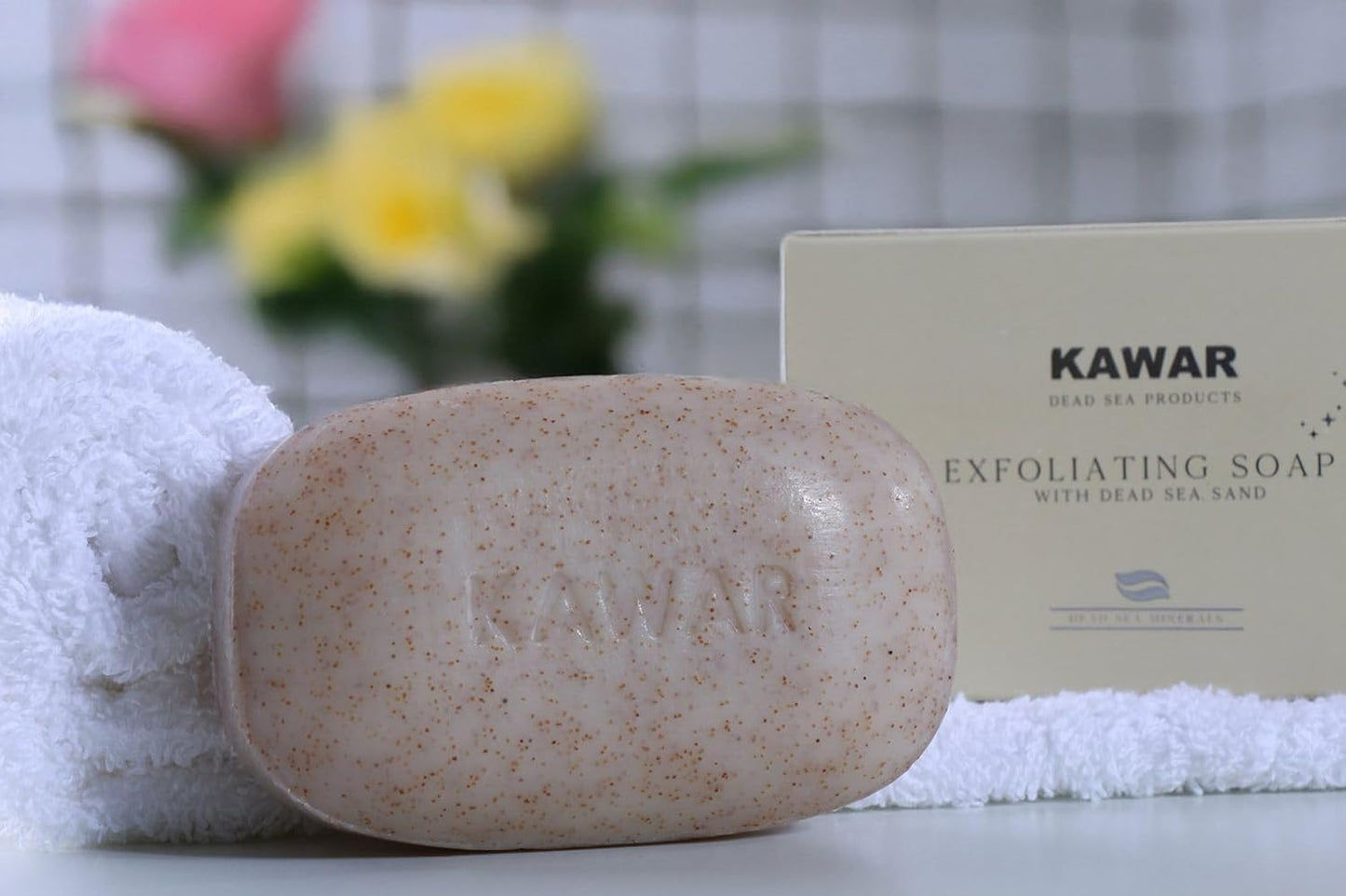 KAWAR Dead Sea Exfoliating Soap with Dead Sea Sand - Salicylic Acid, Magnesium Chloride, Shea Butter, Olive Oil & Tea Tree - Vegan Soap Bar for Men & Women, 4.2 oz (Pack of 2)