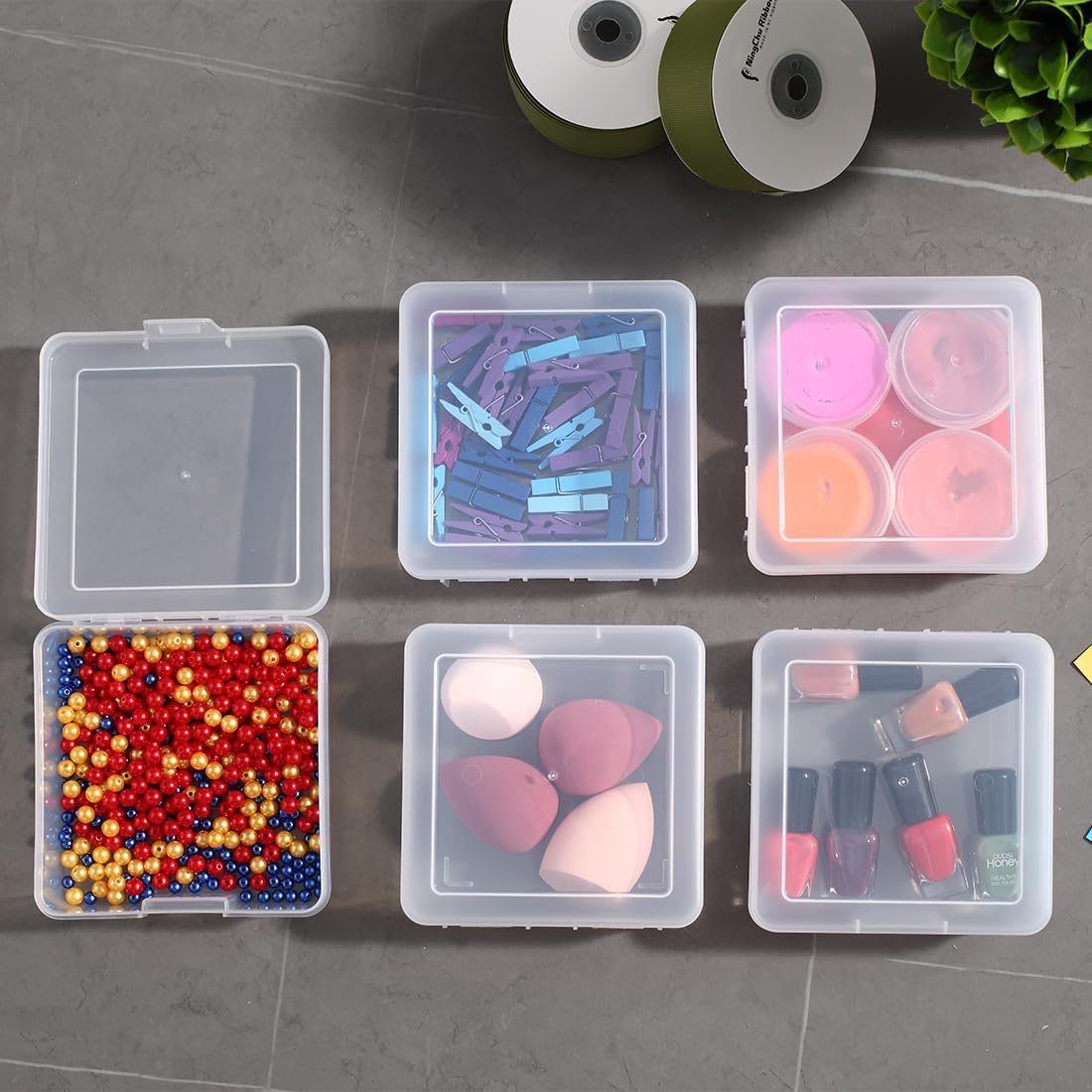 18 Pack Storage Containers with Latching Lid Small Size 5" x 5"x 1.9" Plastic Clear Boxes for Office,Beauty