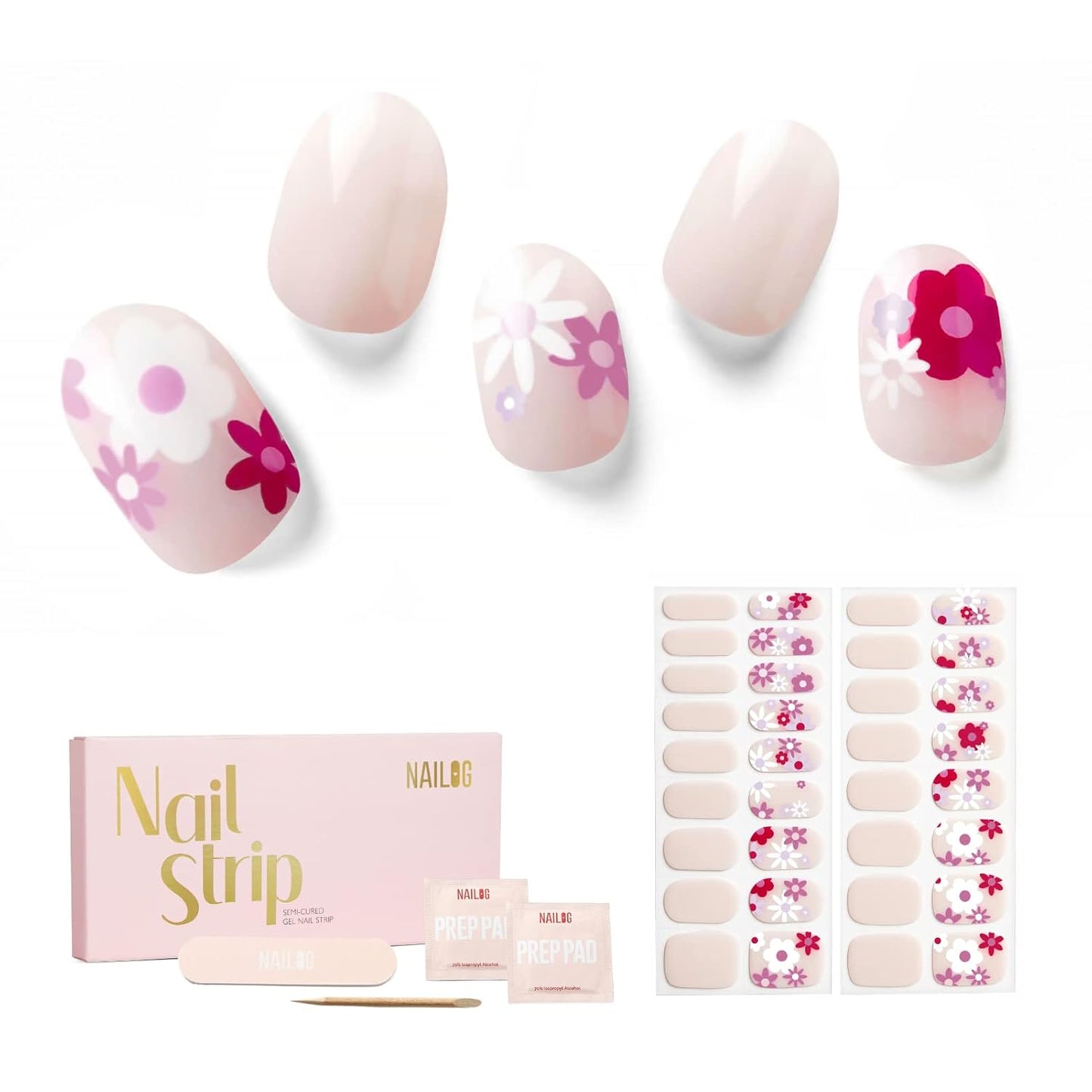 Nailog Semi Cured Gel Nail Strips 34 pcs | Long Lasting Nail Polish Sticker Wraps with Glossy Gel Finish (Florid)