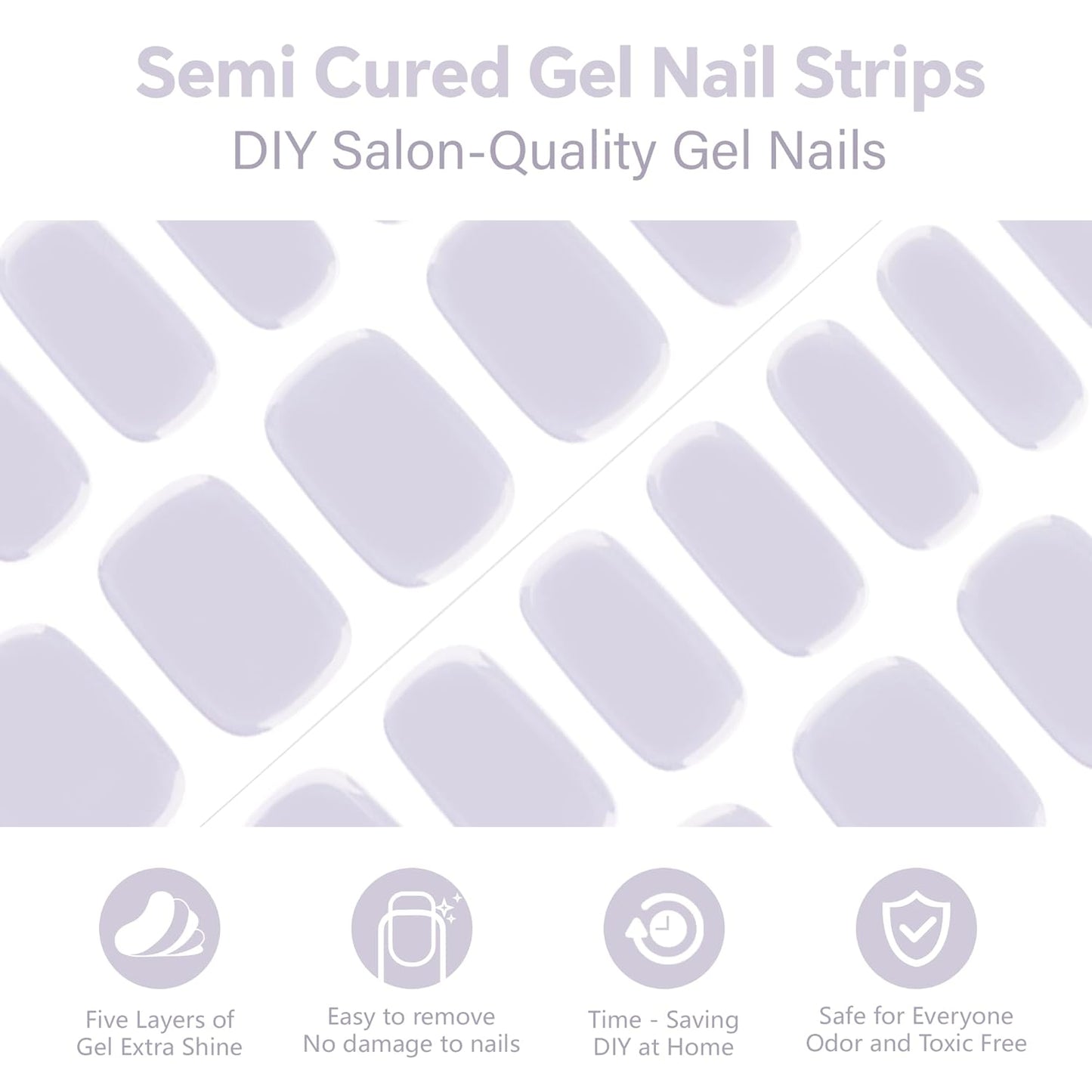 Semi Cured Gel Nail Strips-Salon Look Easy Peel Press On Nails Work Ready Manicure,Long Lasting Glossy Finish for Party/Date Night Crowd Works with Any UV/LED Lamps(Lavender)