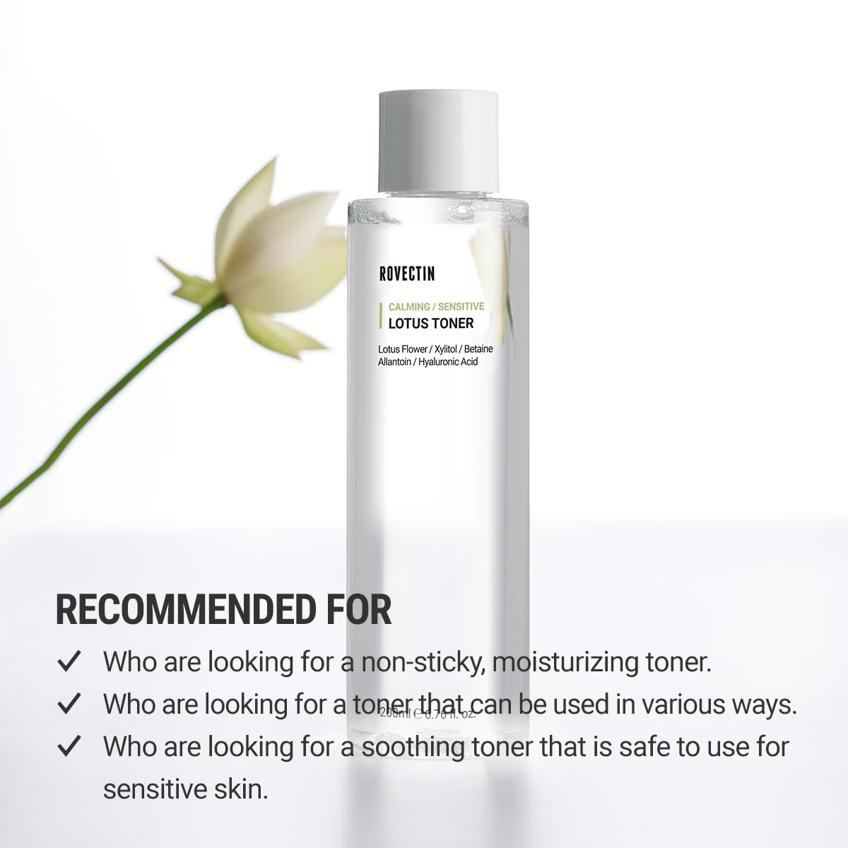 ROVECTIN Calming Lotus Water Toner - pH4.7 Extra Soothing and Hydrating for Trouble Care | 40% Lotus Flower Extract for Purifying | Hyaluronic Acid, Alcohol-Free, Vegan, K-Beauty (6.76 fl. oz, 200ml)