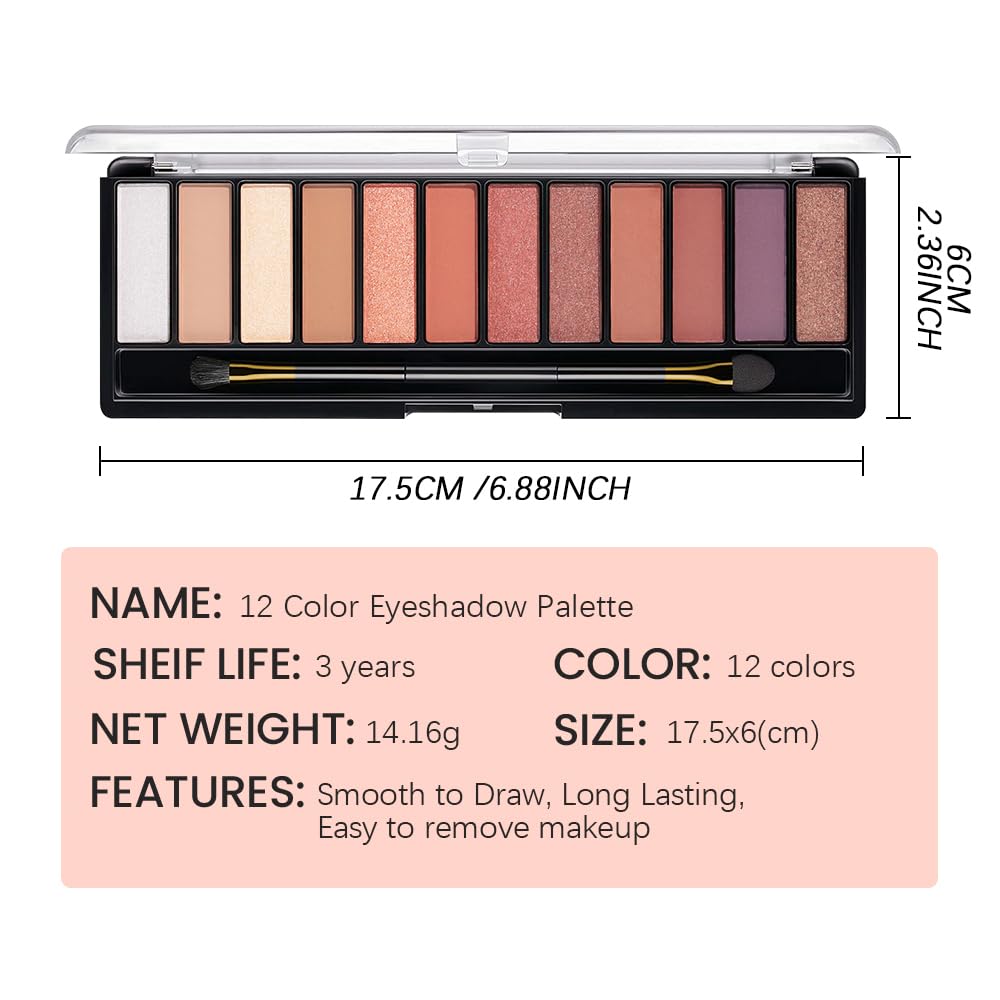 12 Colors Warm Eyeshadow Palette – Matte, Shimmer & Glitter Copper Coral Tones – Rose Gold, Champagne, Bronze & Terracotta Shades – High Pigment, Long-Lasting Eye Makeup for Women – 04#