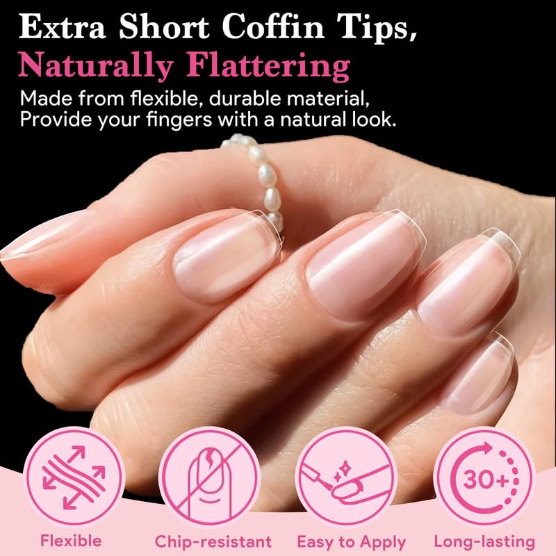 Extra Short Coffin False Nail Tips, 15 Sizes 510 PCS Clear Soft Press On Fake Nail Pre-shaped Half Matte Full Cover Gel Nail Tips Extensions Thick Long Lasting for DIY Beginners & Salon Manicure