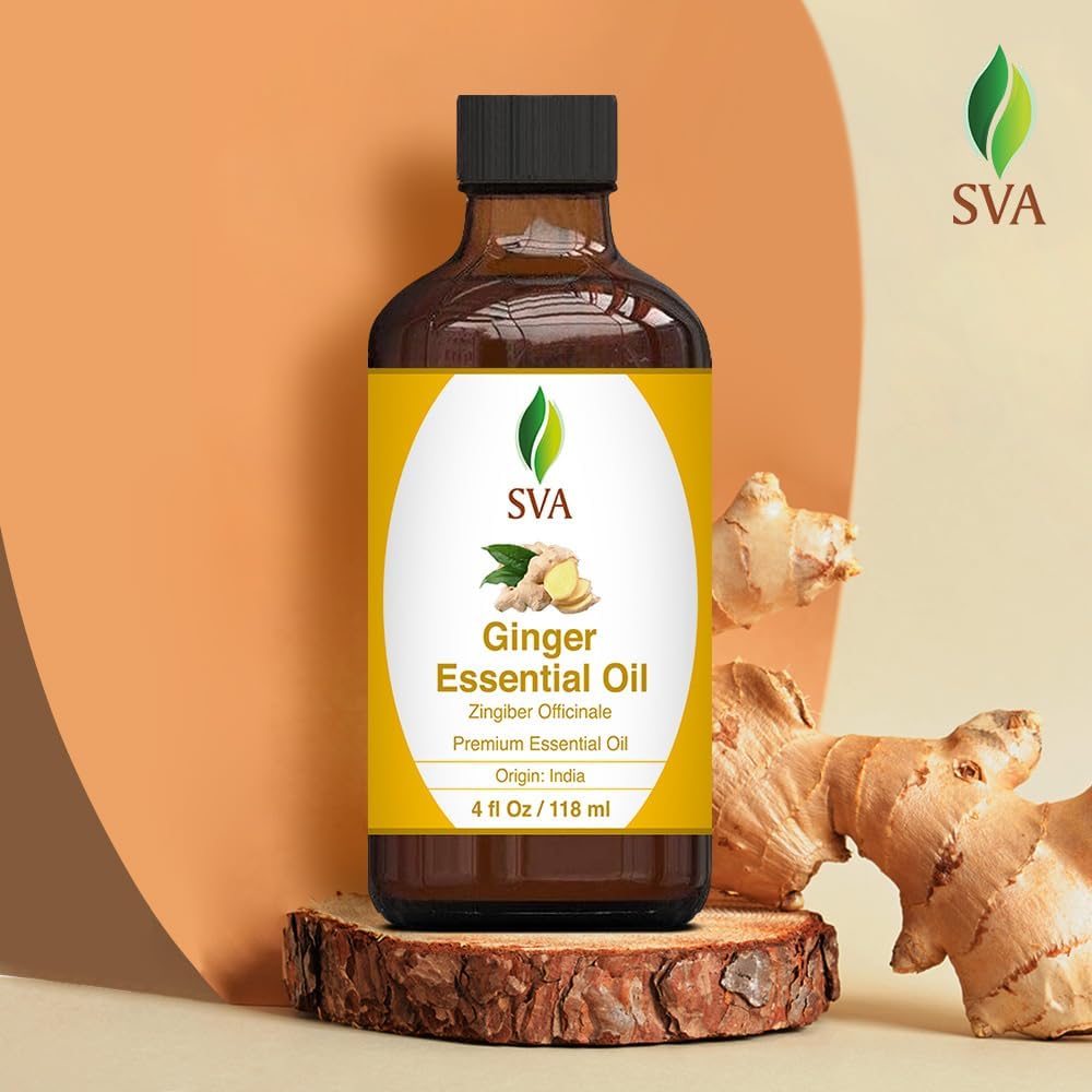 SVA Ginger Essential Oil – 4 Fl Oz – 100% Natural Ginger Oil - for Diffuser, Hair Care, Face, Skin Care, Aromatherapy, Scalp and Body Massage, Soap and Candle Making – with Dropper
