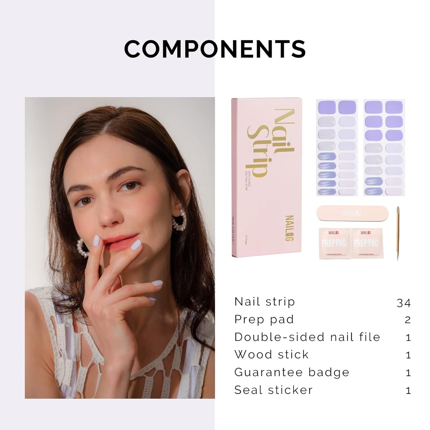 NAILOG Semi Cured Gel Nail Strips 34 pcs, Buy 2 Get 1 UV Lamp, Salon-Quality Gel Nail Stickers, Semicured Nail Wraps with Soft Gel Finish | Lavender Mist