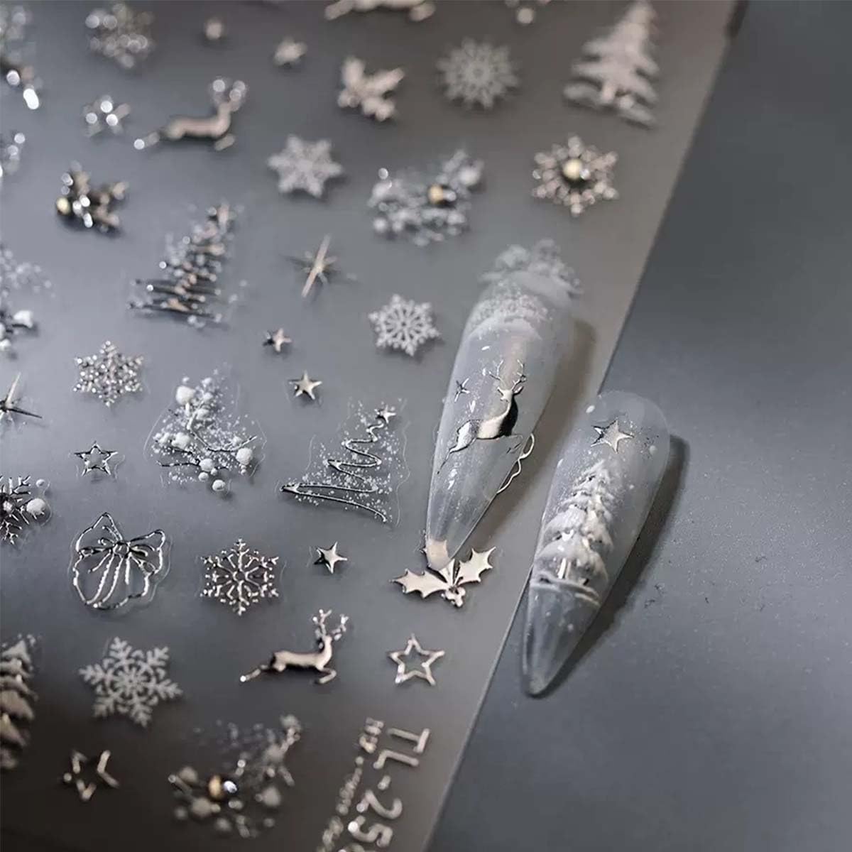 5D Embossed Christmas Nail Art Stickers Sliver Xmas Nail Art Decals Xmas Tree Nail Sticker Self-Adhesive Elk Snowflake Rhinestone Nail Decals for Women Winter Nail Supplies Manicure DIY
