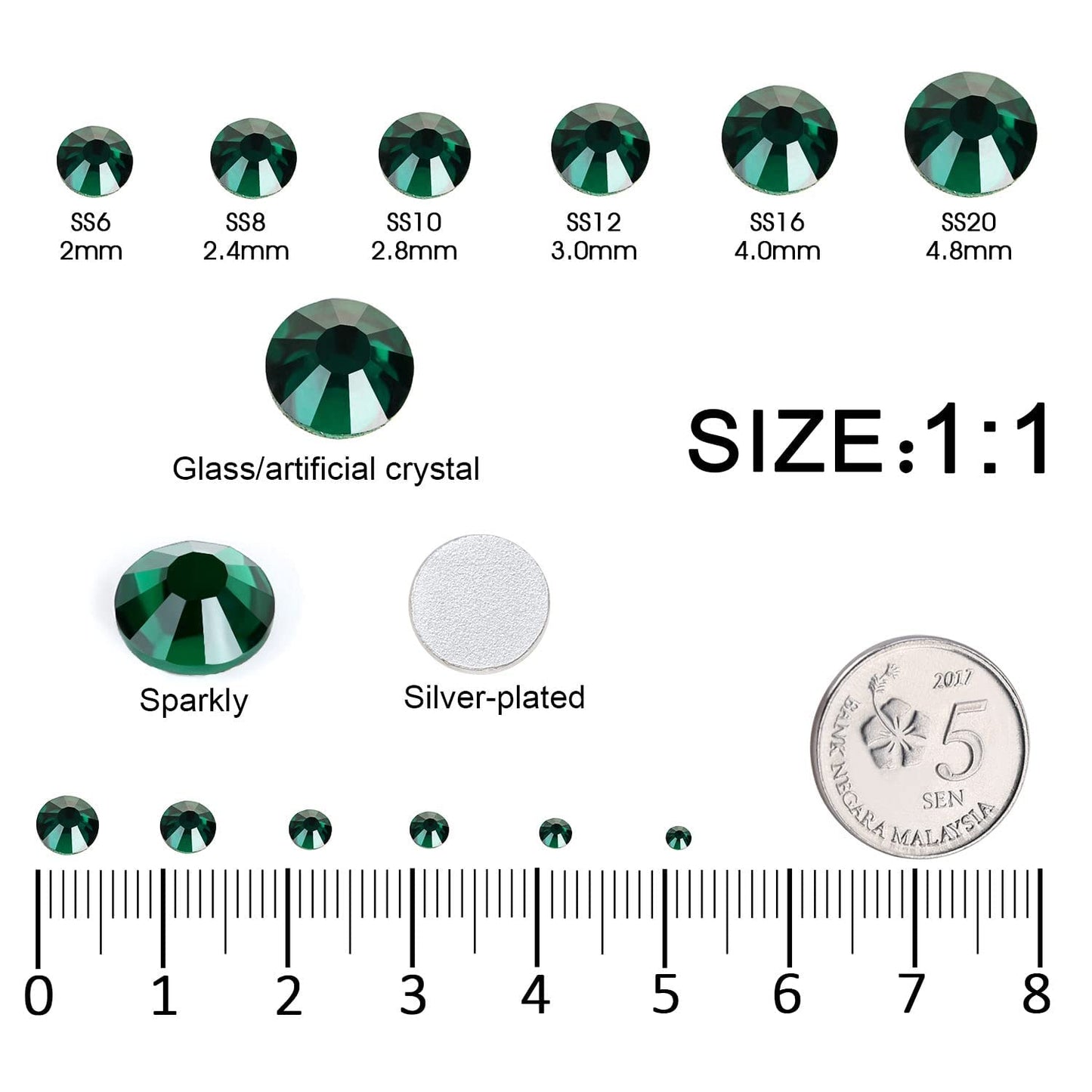 4240Pcs Malachite Green Flatback Rhinestones 6 Sizes Crystal Diamonds for Nail Art Crafts Clothes Shoes with Tweezers and Picking Pen