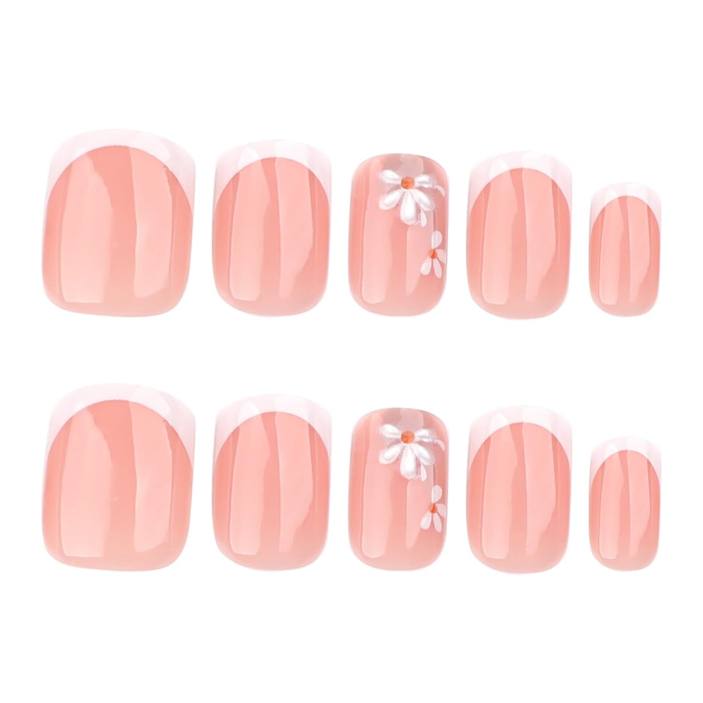 French Nude Press On Nails Short Square, Summer Fake Nails with White French Tip and 3D Daisy Flower Design, Glossy Gel Finish Acrylic Nails, Natural Reusable Glue On Nails Kit for Women, 24 Pcs