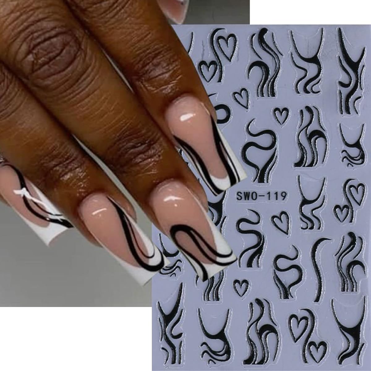 Line Nail Stickers 3D Self Adhesive Nail Art Stickers French Nail Decals Irregular Lines Black White Heart Design Cute Nails Sticker for Nails Art for Women Decoration Salon Manicure Supplies