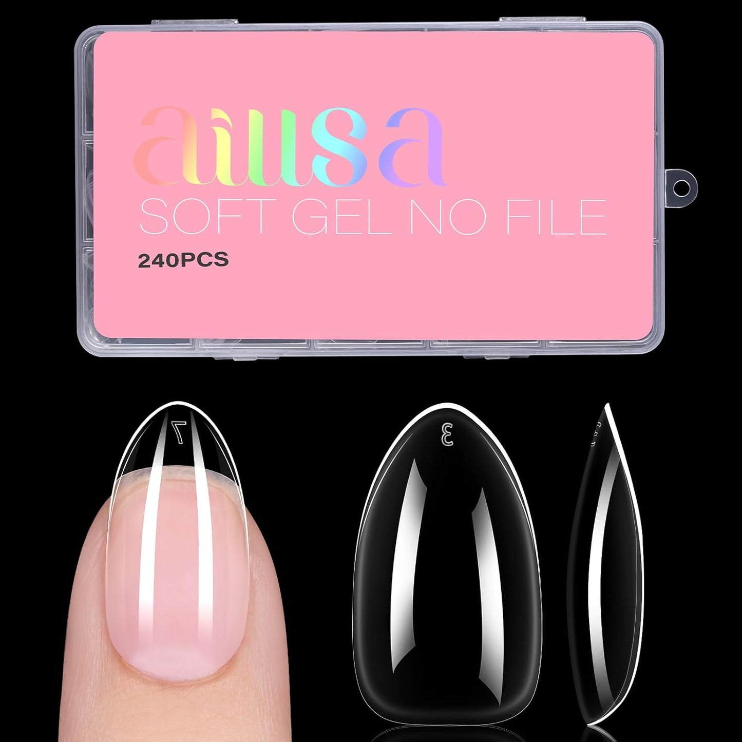 AILLSA Short Almond Nail Tips, 15 Sizes 240PCS Preshaped Soft Clear Gel Nails Tips Full Cover False Nails Tip Short Almond Shaped Tips