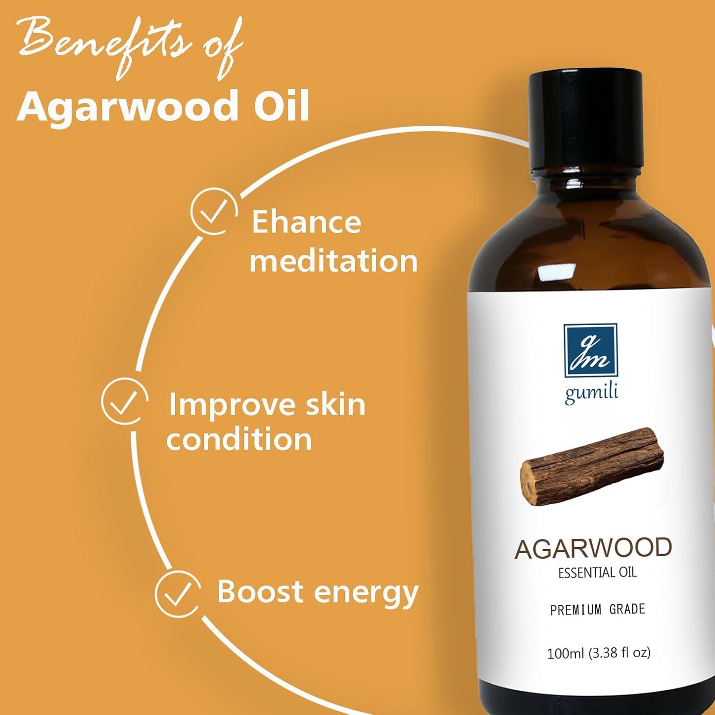 Agarwood Essential Oil 3.38oz/100ml, Pure Qud Oil for Relaxation, Meditation, SPA, Aromatherapy Diffuser