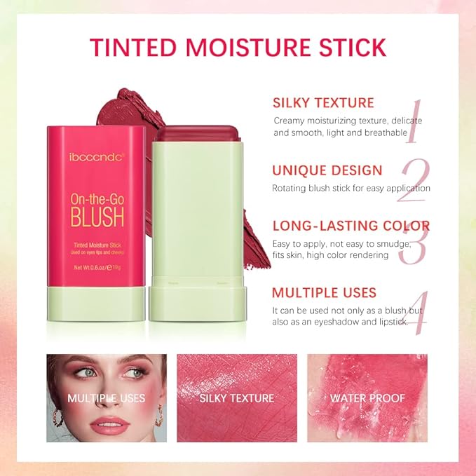 Soft Creamy Blush Stick, Multi-use Makeup Blush Stick for Cheeks and Lips Tint, Waterproof Solid Moisturizer Stick, Natural Smooth Blendable Matte Finish Face Blush Makeup,02 Hot Red