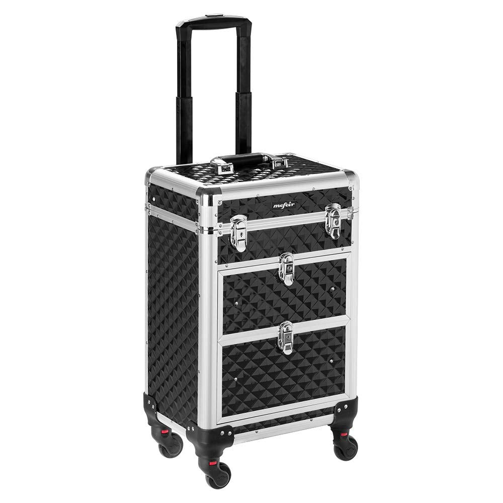 mefeir Aluminum Rolling Makeup Train Case, Portable Makeup Organizer Suitcase, Cosmetic Storage Box, Travel Beauty Luggage Trolley Lockable w/4 Removable Wheels & 2 Sliding Drawers (Black)