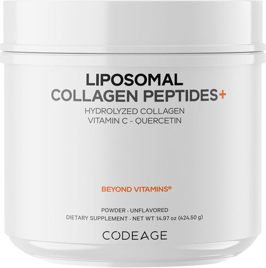Codeage Liposomal Collagen Peptides Powder + Vitamin C & Quercetin, Phospholipid Complex, Grass-Fed Pasture-Raised Hydrolyzed Collagen Type I & III Supplement All-in-One, Non-GMO, 14.97 oz
