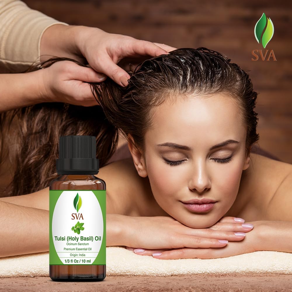 SVA Holy Tulsi Essential Oil – 1/3 Fl Oz – 100% Natural Tulsi Oil - for Diffuser, Hair Care, Face, Skin Care, Aromatherapy, Scalp and Body Massage, Soap and Candle Making