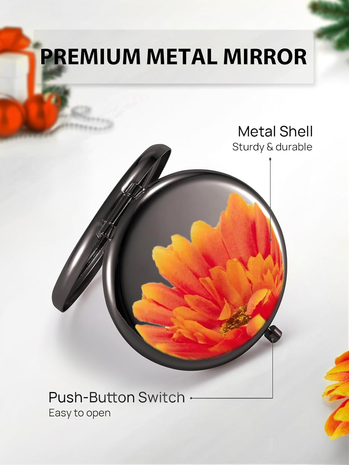 Compact Mirror, Set of 2 Double-Sided 1X/2X Magnifying Purse Pocket Makeup Mirrors(Round, Onyx Black)